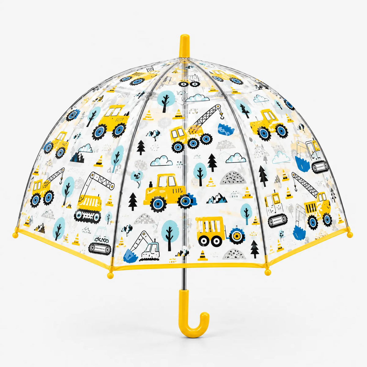 Clear dome umbrella printed with yellow and blue construction vehicles, trees and cones, with yellow trim and a yellow hooked handle. 5