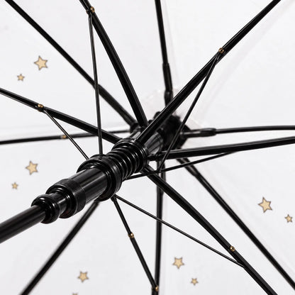 Close-up underneath the canopy showing the black ribs, spring runner and shaft, with small gold stars printed on the clear fabric. 6