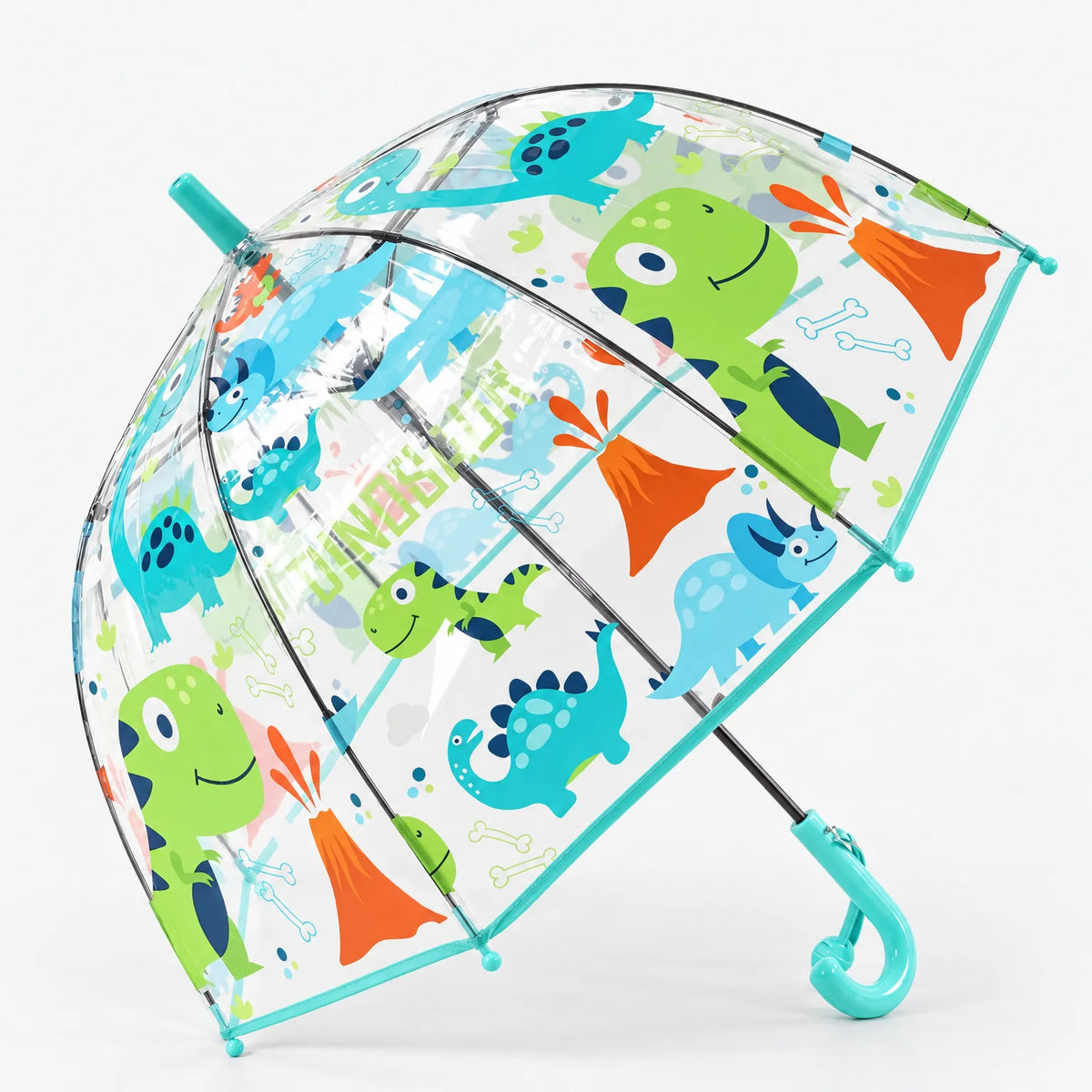 Dinosaur-print clear dome umbrella shown tilted at an angle, turquoise trim and handle, with green dinosaurs and orange volcanoes on the canopy. 7