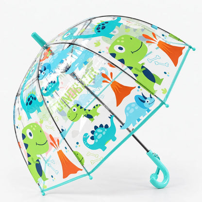 Dinosaur-print clear dome umbrella shown tilted at an angle, turquoise trim and handle, with green dinosaurs and orange volcanoes on the canopy. 7