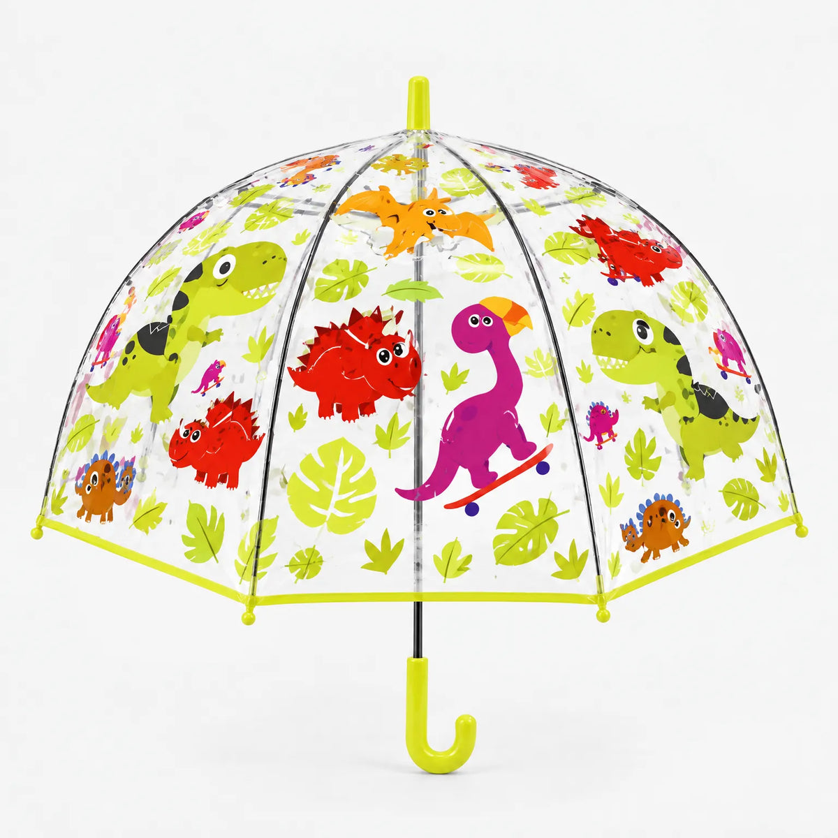 Clear dome umbrella with a dinosaur print of red, green and purple dinosaurs and large leaves, lime green trim and handle. 8