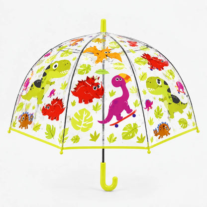 Clear dome umbrella with a dinosaur print of red, green and purple dinosaurs and large leaves, lime green trim and handle. 8