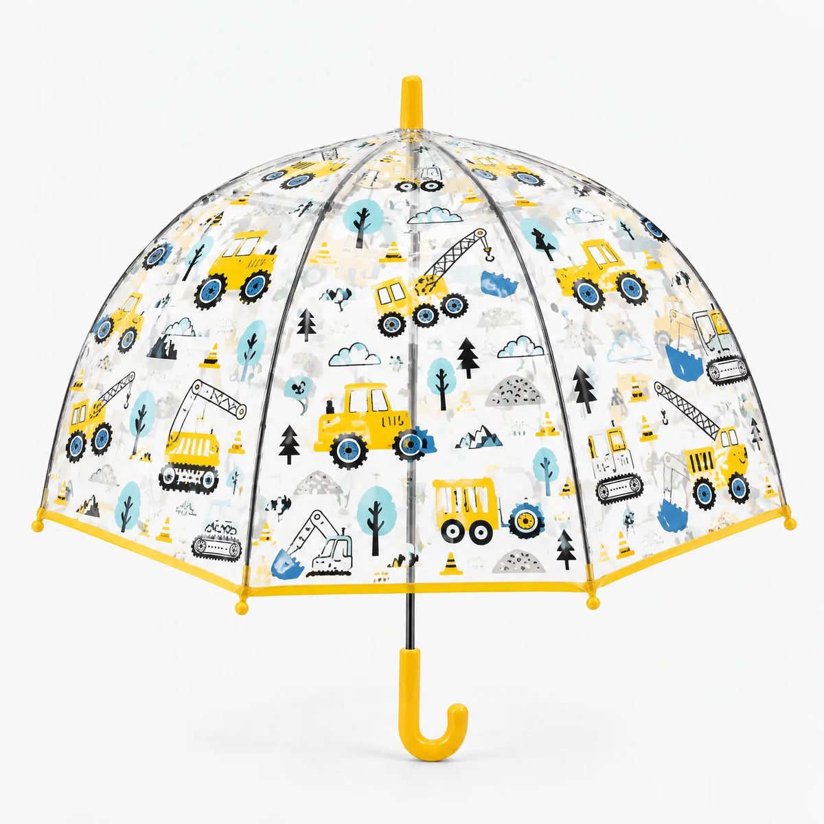 Clear dome umbrella with a construction print of yellow diggers, cranes and tractors, yellow trim and handle, shown upright on white. 9