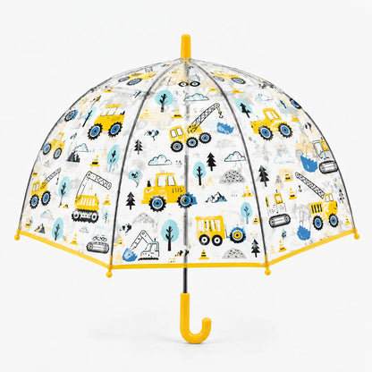Clear dome umbrella with a construction print of yellow diggers, cranes and tractors, yellow trim and handle, shown upright on white. 9