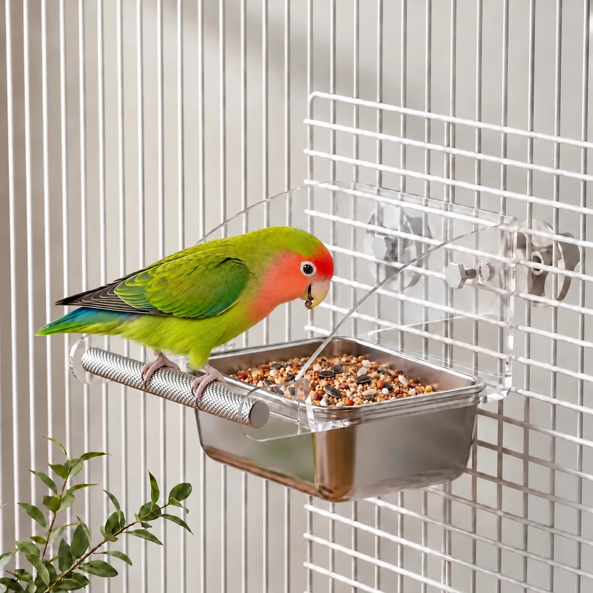 Green and orange-faced lovebird perched on the knurled bar, eating seeds from the feeder attached to a cage with suction cups. 2