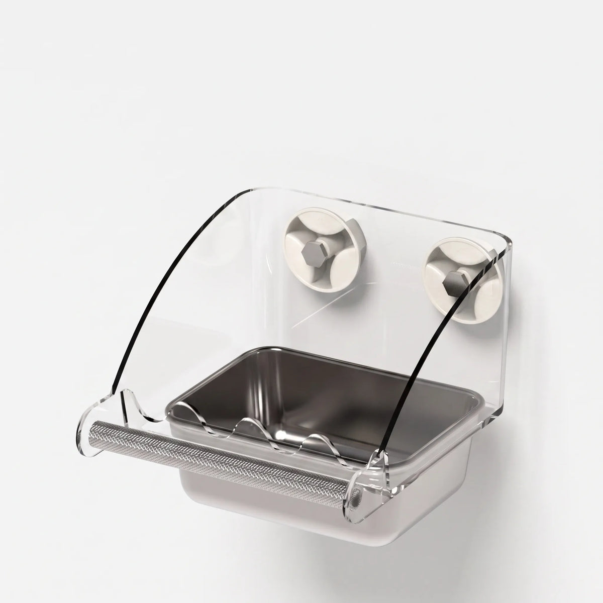 Three-quarter view of the transparent feeder with its rectangular steel tray, wavy front guard, textured perch and two suction mounts. 5