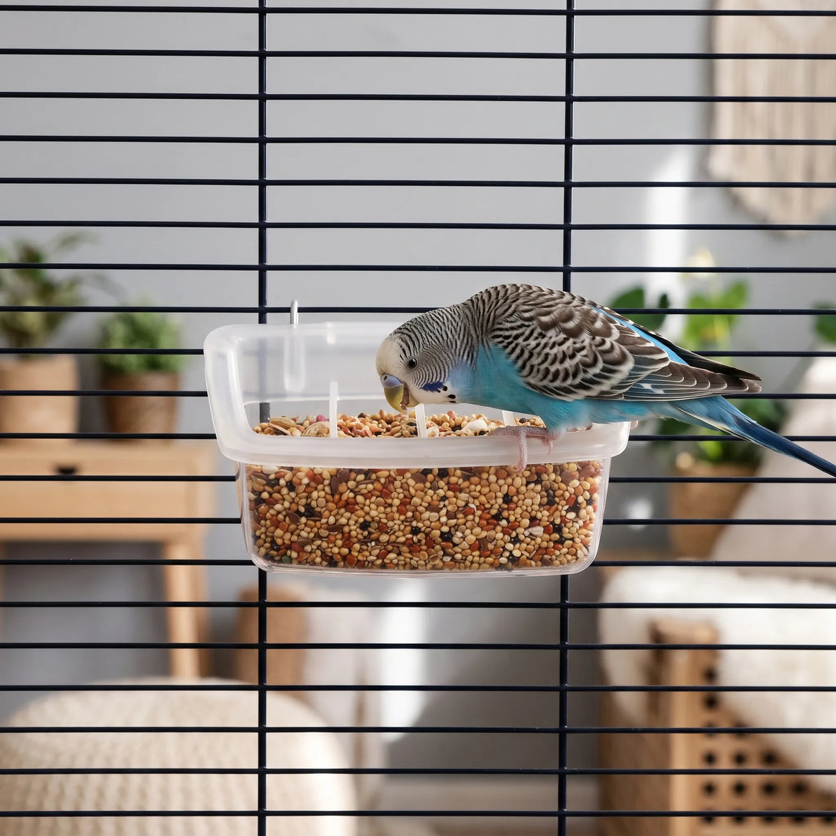 Blue and grey budgerigar perched on the feeder's rim and eating seed, with the feeder hung on a dark cage. 2