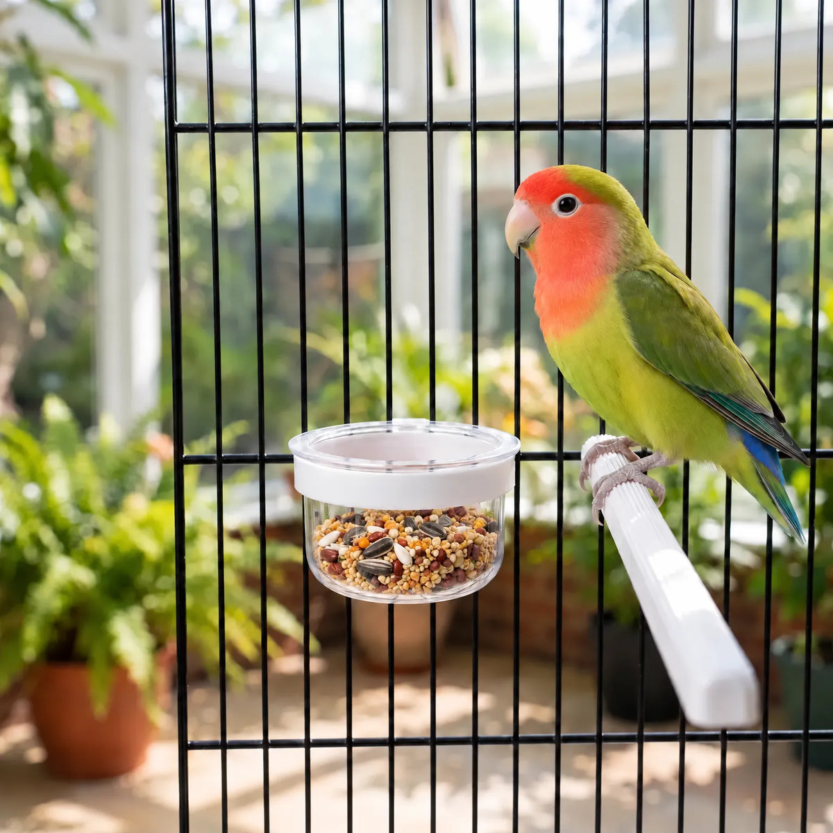 The clear cup hung on the bars of a black cage, filled with seed mix, with a green and orange lovebird perched beside it. 2