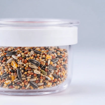 Close-up of the clear cup with its white band, filled with a mix of sunflower seeds, millet and grains. 3