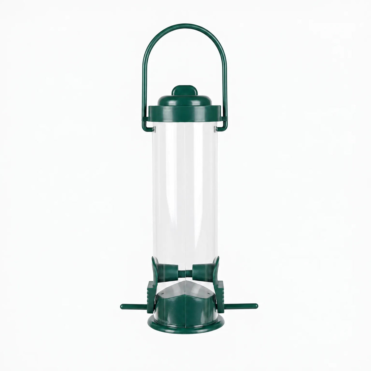Empty clear tube bird feeder with dark green lid, carrying handle, feeding ports and perches, shown on a plain white background. 1