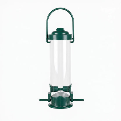 Empty clear tube bird feeder with dark green lid, carrying handle, feeding ports and perches, shown on a plain white background. 1