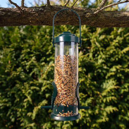 Tube feeder filled with mixed seed, hanging by its green handle from a tree branch in front of leafy hedging. 2