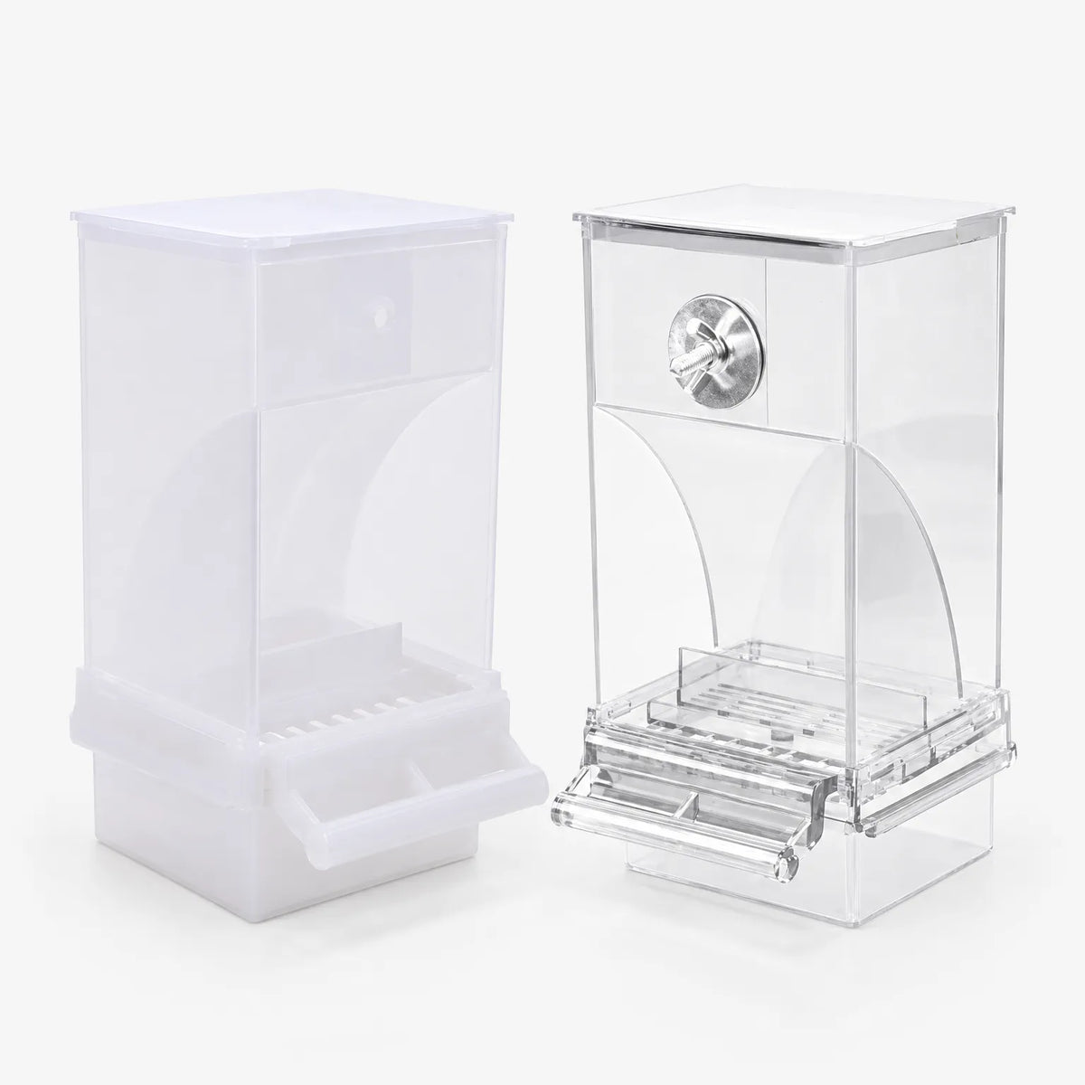 Two bird feeders side by side on white, one frosted white and one clear, each with a lid, curved hopper and perch. 1