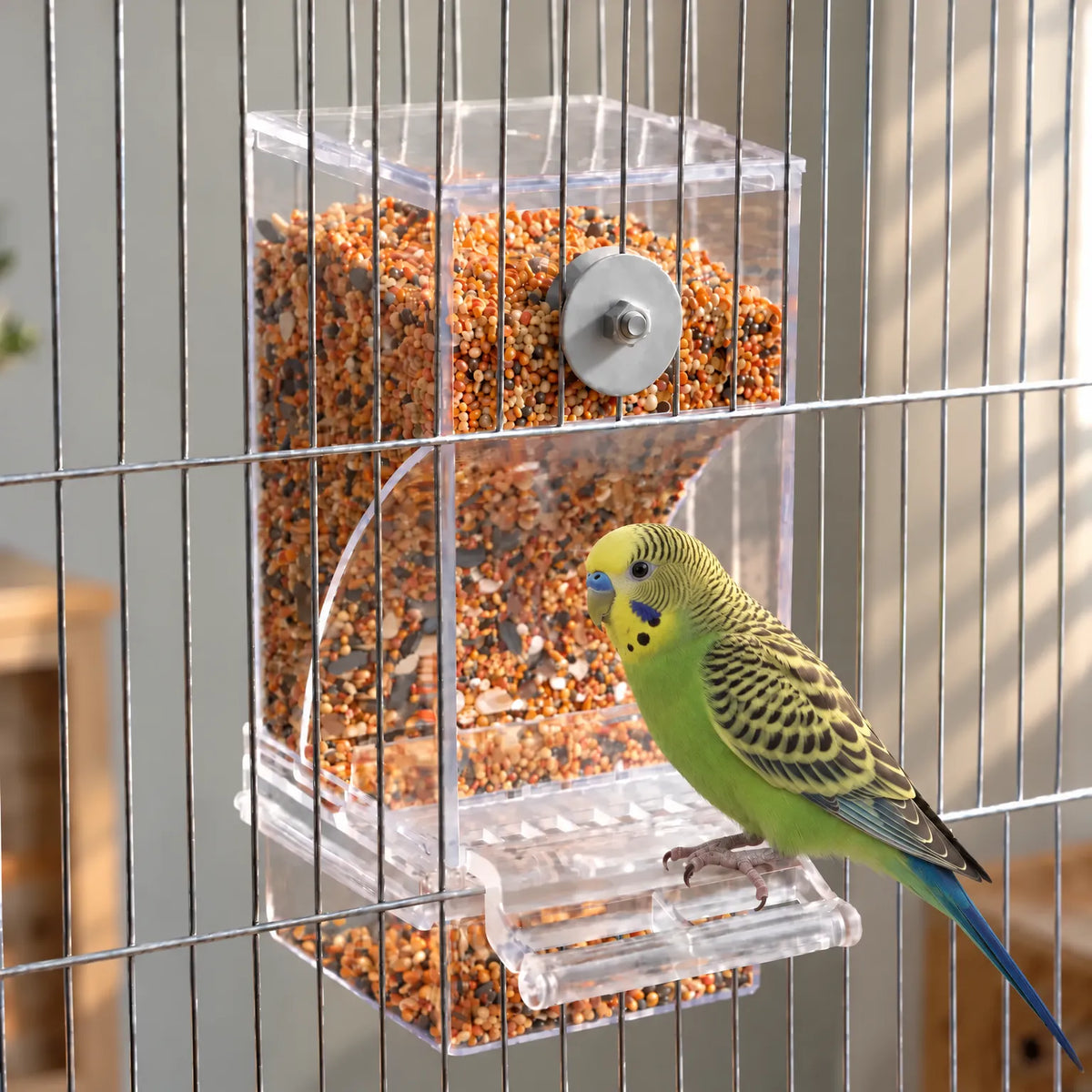 Clear feeder filled with mixed seed, fixed to a cage with a metal bolt while a green budgie perches on the tray. 2