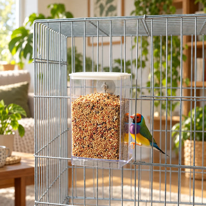 Clear feeder full of mixed seed attached to a wire cage, with a colourful finch perched at the tray in a bright room. 2