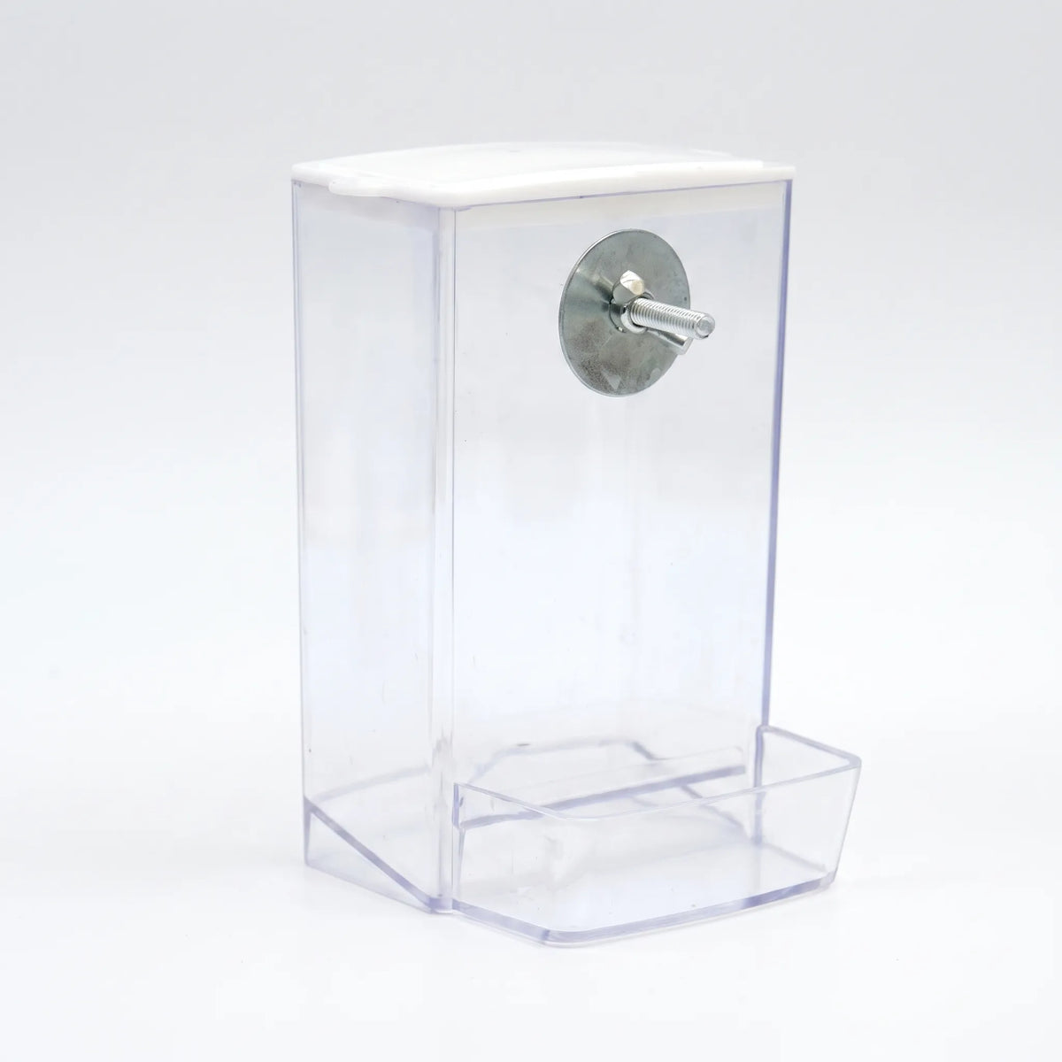 Empty clear feeder with white lid, showing the metal washer and bolt fixing and the open seed tray at the base. 4