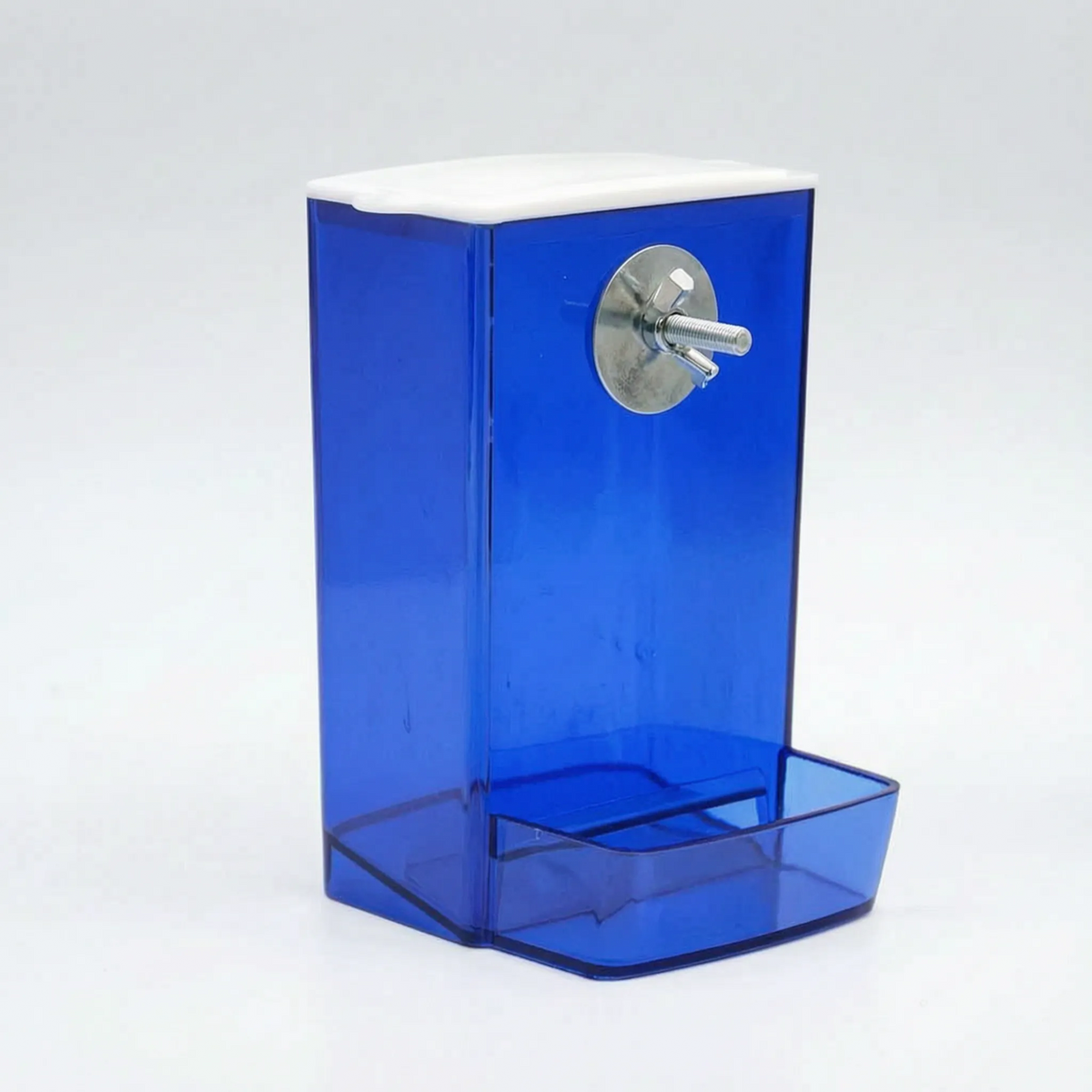 Empty feeder in translucent blue with white lid, showing the metal fixing bolt on the back panel and the front tray. 5