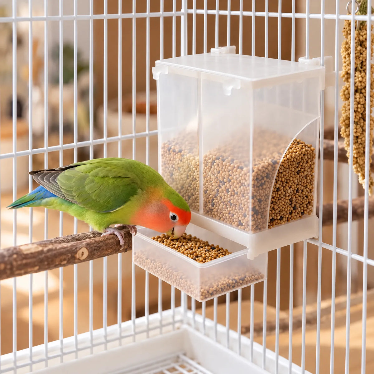 Dispenser filled with seed and hung on a white cage, with a green lovebird perched on a branch eating from the tray. 2