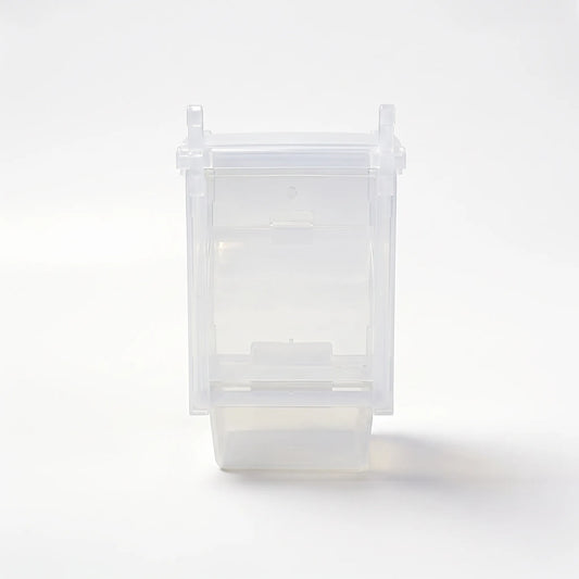 Empty transparent plastic seed feeder with hanging hooks at the top and a tray at the base, shown against a plain white background. 1