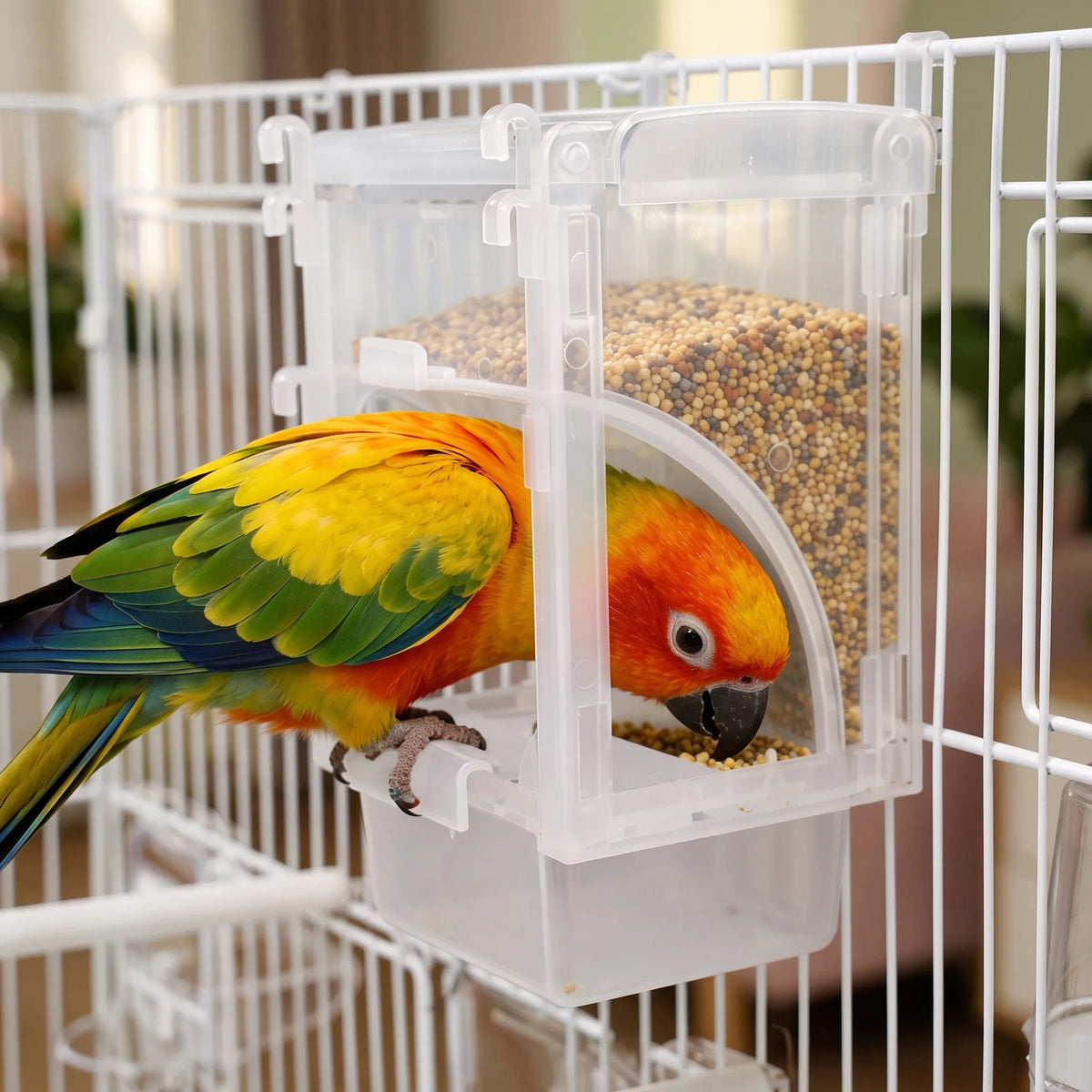 Orange, yellow and green parrot feeding from the seed-filled clear hopper, which hangs from the bars of a white cage. 3