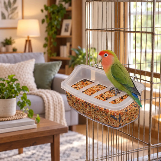 Small clear feeder hung on a bird cage in a cosy living room, with a green and orange lovebird perched on its rim. 2