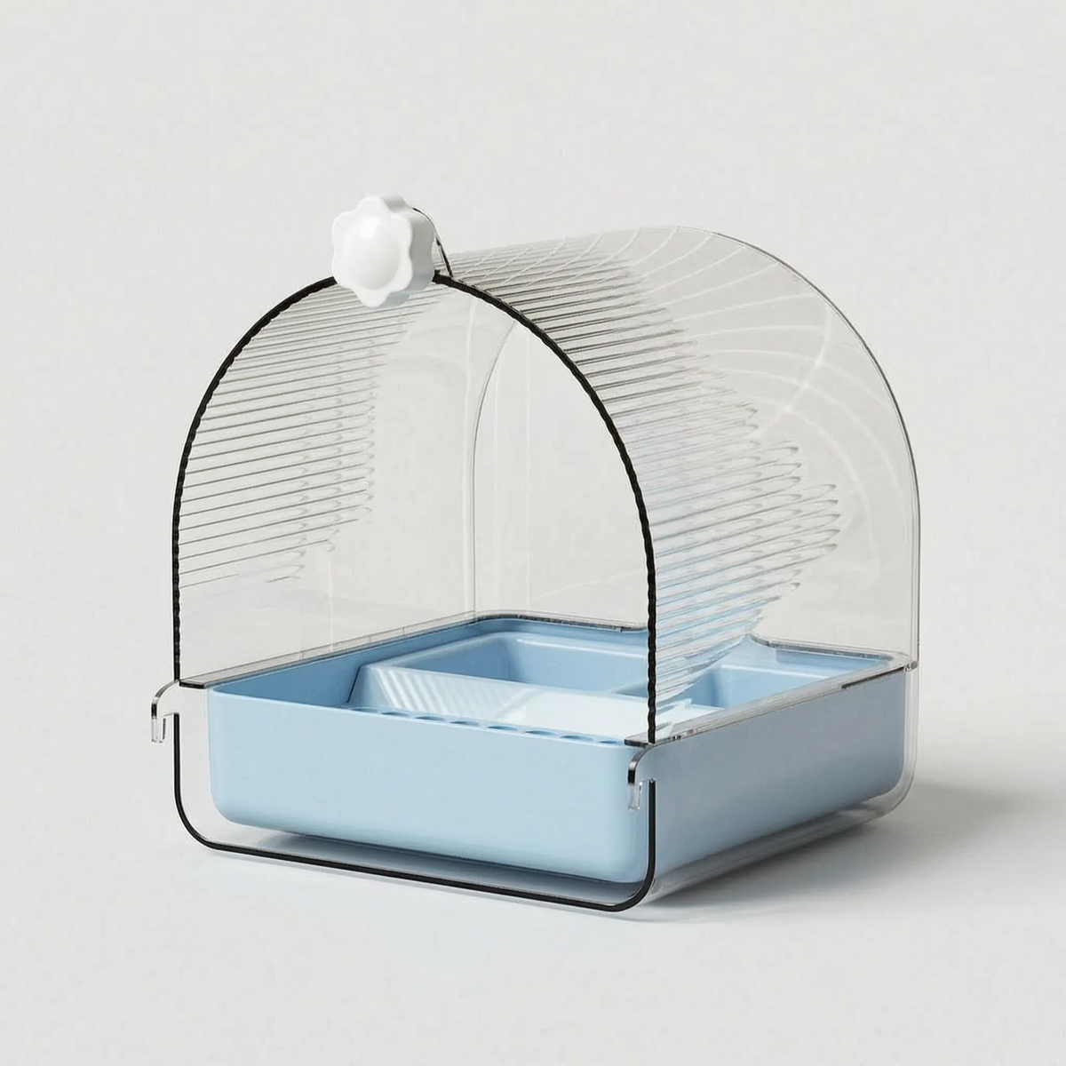 Version with a light blue tray, shown on a plain background with the flower-shaped screw knob and hooks. 5