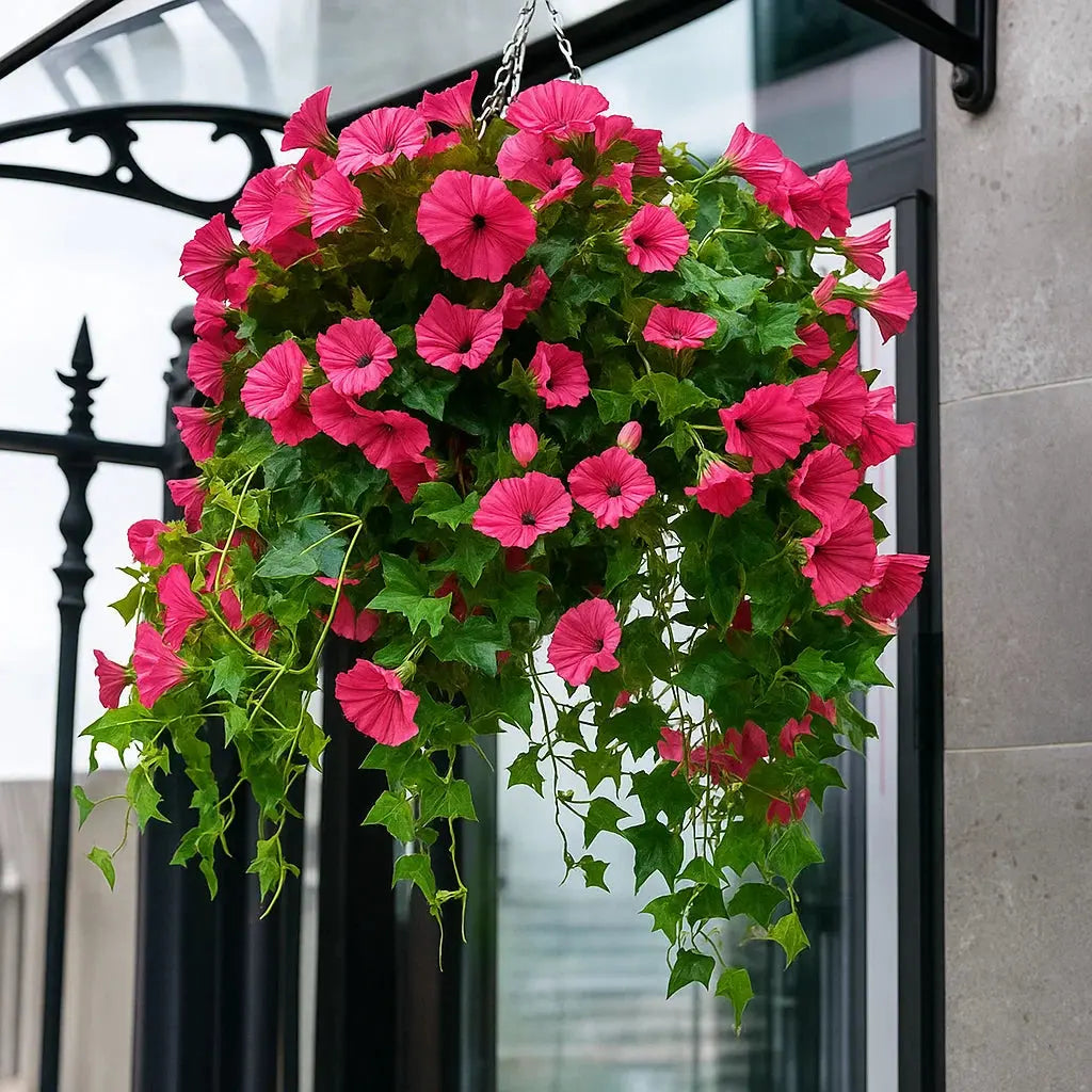 Hanging basket of pink trumpet flowers and trailing ivy-like leaves, suspended by chains from an iron bracket outside a dark-framed door. 1