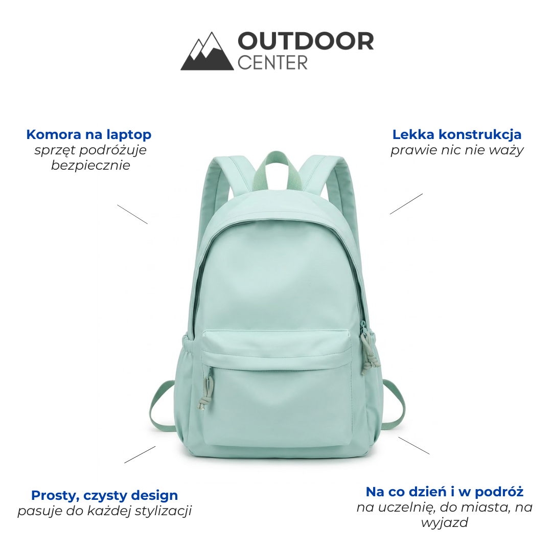 Mint green backpack shown from the front on a white background, surrounded by feature callouts about its laptop compartment and light build. 2