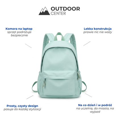 Mint green backpack shown from the front on a white background, surrounded by feature callouts about its laptop compartment and light build. 2