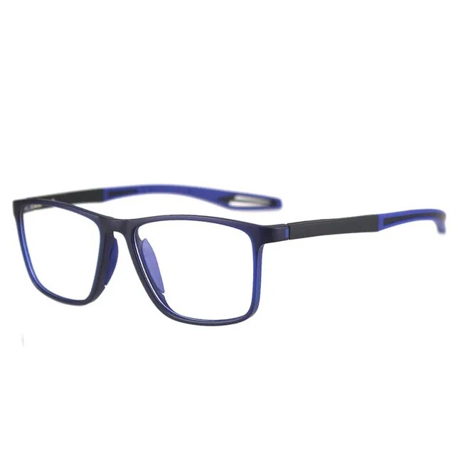 Second angled view of the navy glasses with blue rubber arm tips against a white background 10