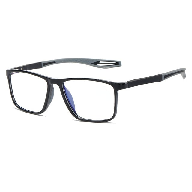 Glossy black glasses with grey rubber ear hooks, angled view showing a faint blue tint on the lenses 11