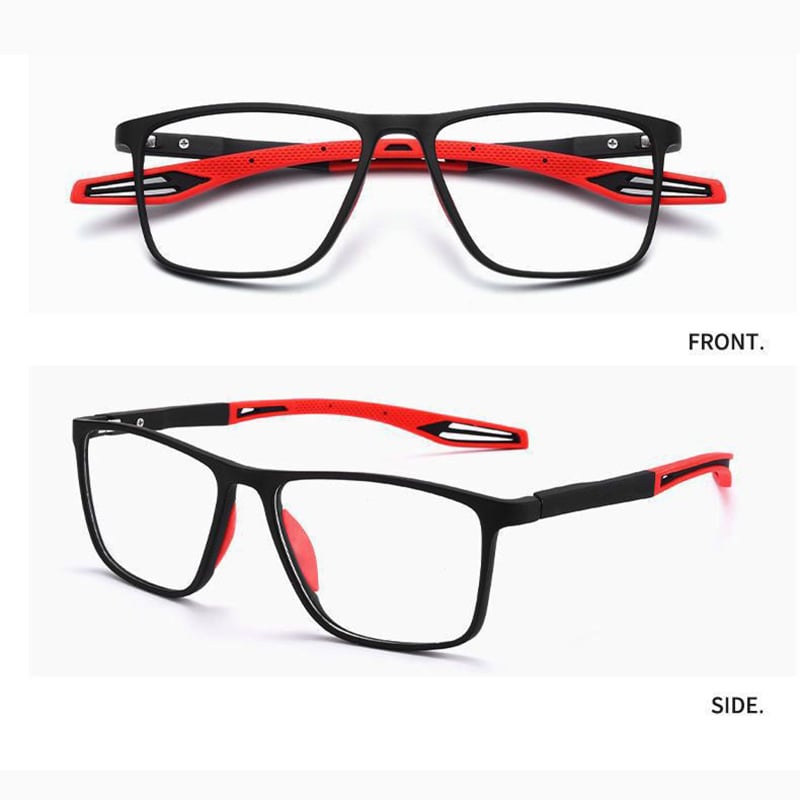 Black frame with red ear hooks and nose pads shown twice, front view above and side view below 8