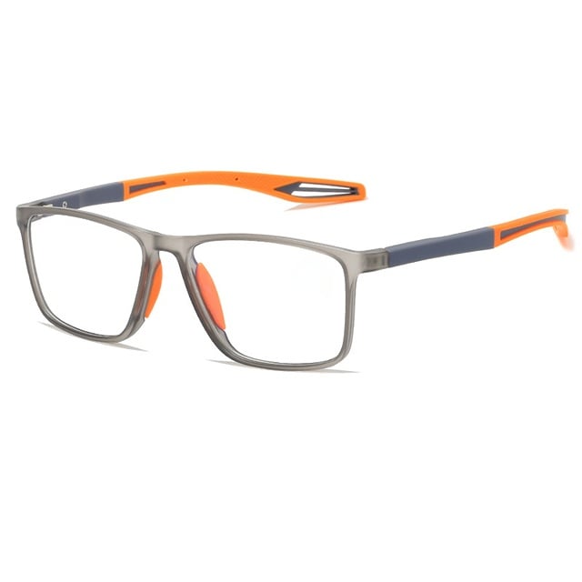 Translucent grey square glasses with orange arm tips and nose pads, angled view on white 8