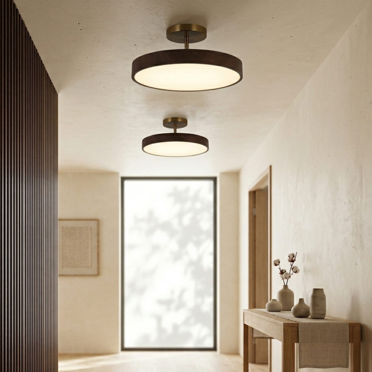 Two dark wood-effect round lights with brass-coloured fittings hanging in a bright hallway with a tall window and a console table. 6