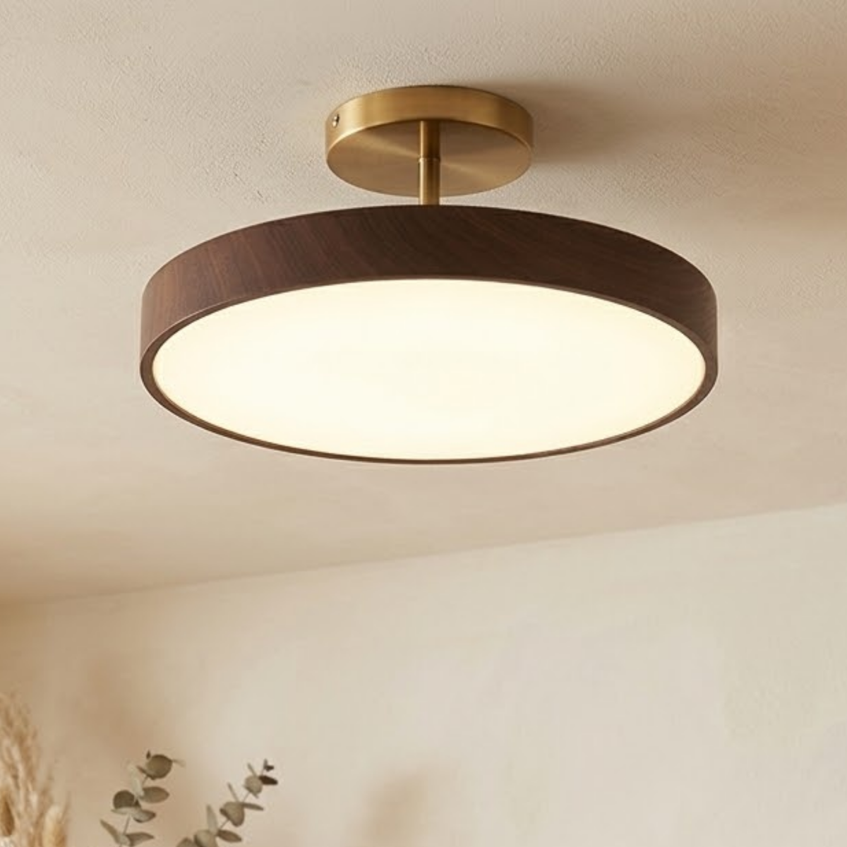 Dark walnut-effect round light with a brass-coloured canopy and stem, glowing warmly against a cream ceiling beside dried grasses. 1