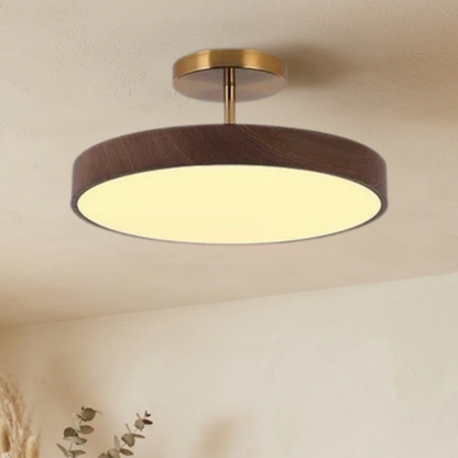 Dark wood-effect version lit and hanging from a cream ceiling, with eucalyptus sprigs and dried grasses below, showing a slightly warmer glow. 3