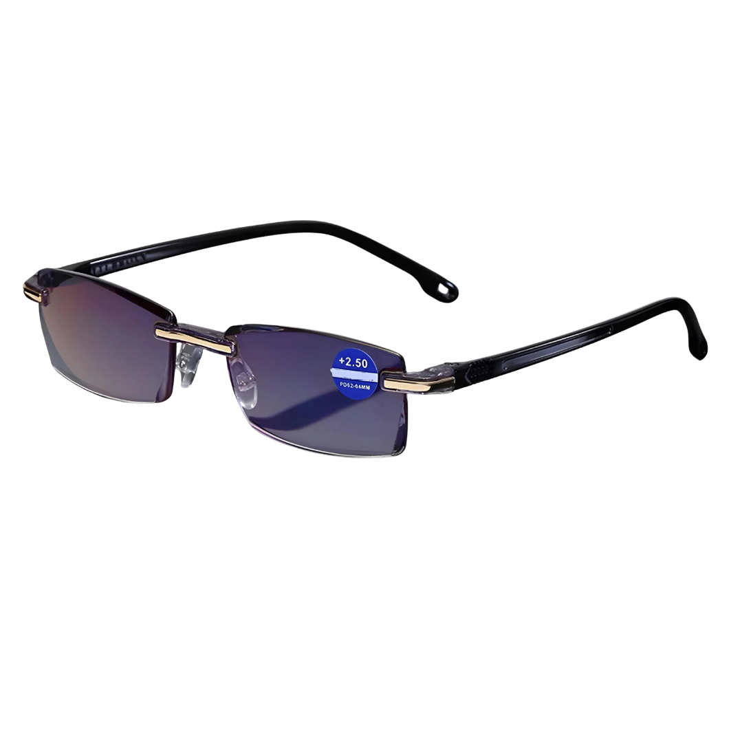 Rimless rectangular reading glasses with black arms and gold-toned hinges, shown at an angle on a plain white background. 1