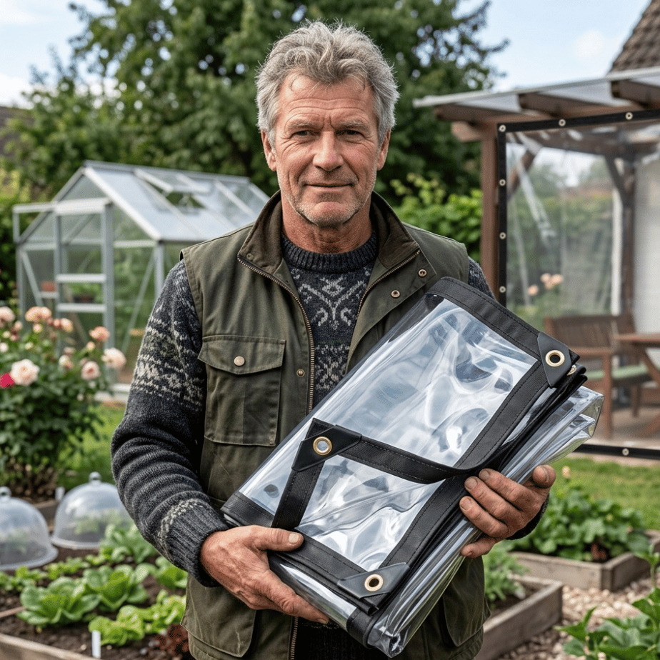 Grey-haired man in a green gilet holds the folded clear tarp with black edging and metal eyelets in a garden. 1