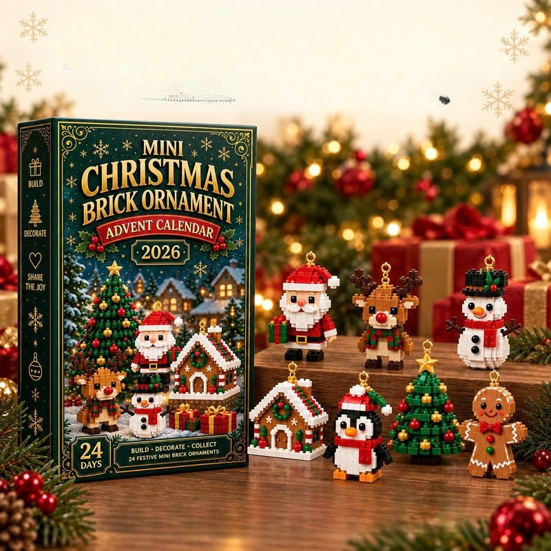 Box next to six brick ornaments, including Santa, reindeer, snowman, gingerbread house, penguin and tree, on a wooden shelf among gifts. 9
