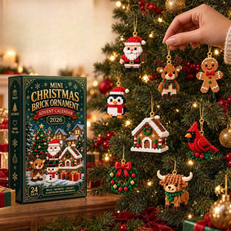 Hand hanging a brick Santa among reindeer, penguin, gingerbread house and cardinal ornaments on a lit tree, box beside it. 3