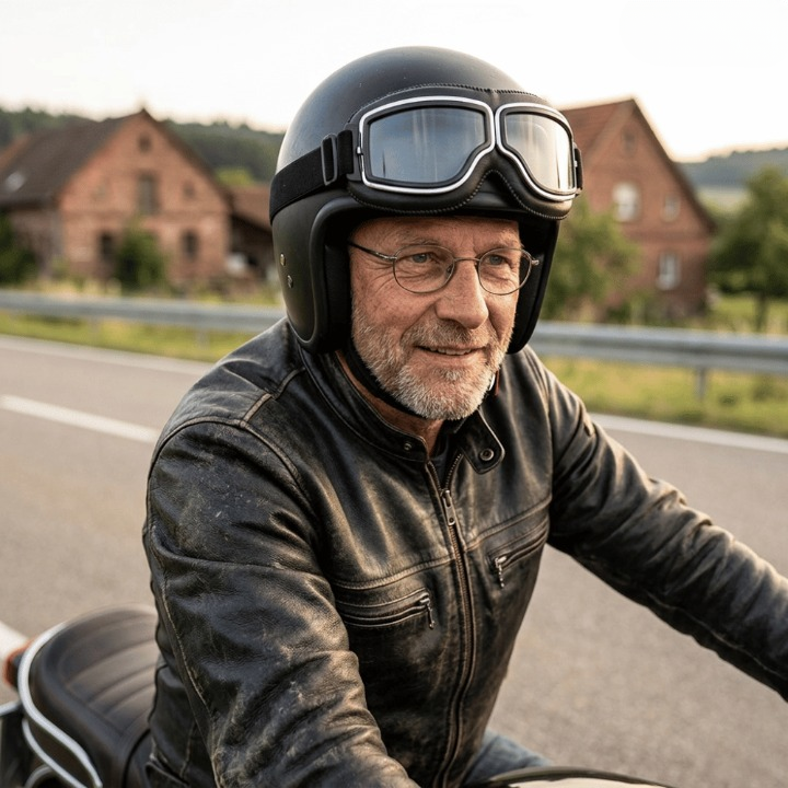 Smiling older rider in a black open-face helmet and worn leather jacket, with the goggles resting on the helmet. 1