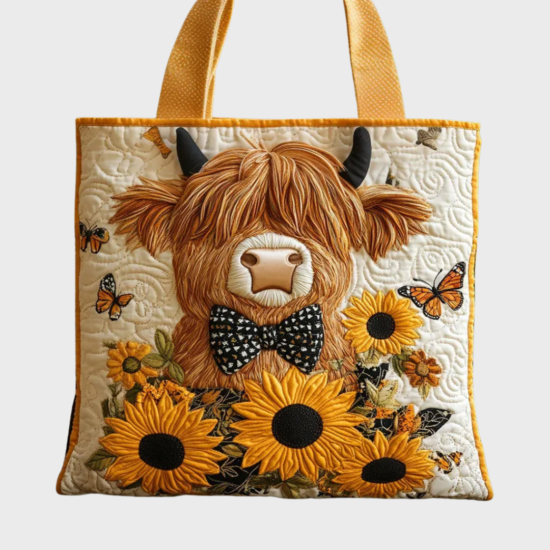 Front view of the quilted tote against a plain light background, showing the appliqued Highland cow, sunflowers and wave stitching. 3