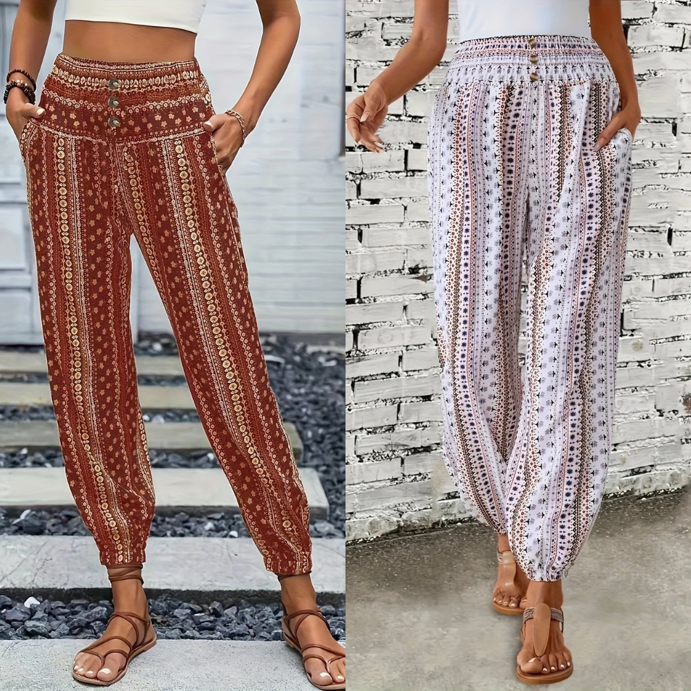 Boho High-Waist Women's Trousers with Print & Smocked Waistband – Linara