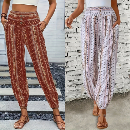 Boho High-Waist Women's Trousers with Print & Smocked Waistband – Linara