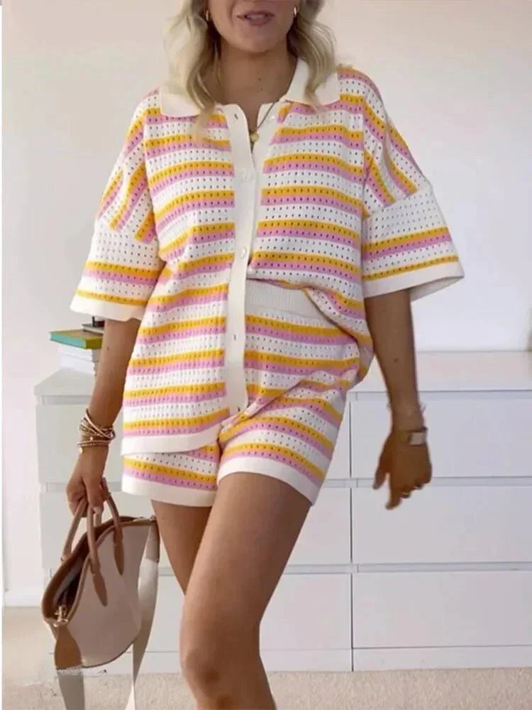 Ladies' striped summer trousers with top and shorts – Faye