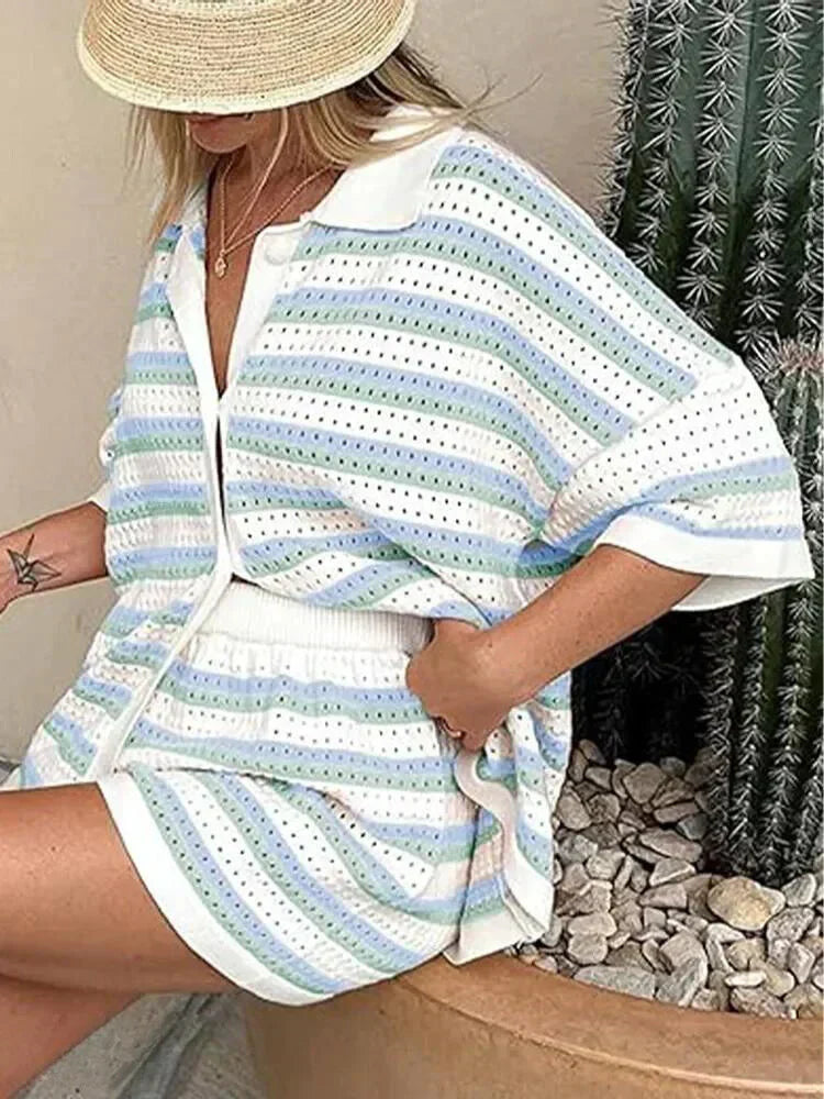 Ladies' striped summer trousers with top and shorts – Faye