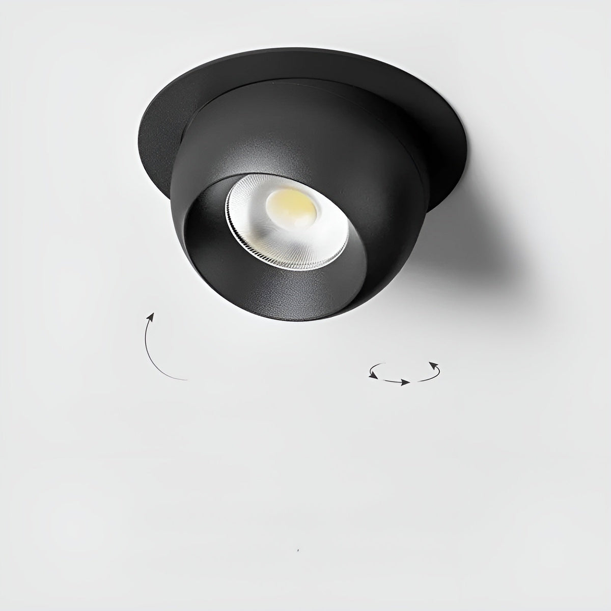 Black recessed spotlight with arrows indicating the head can tilt and rotate 5