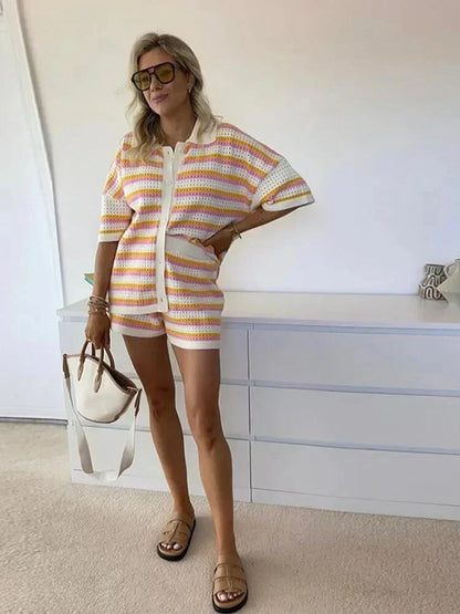 Ladies' striped summer trousers with top and shorts – Faye