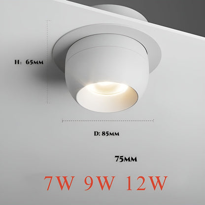 White recessed spotlight with dimension lines marking its height and diameter, and a list of wattage options 6