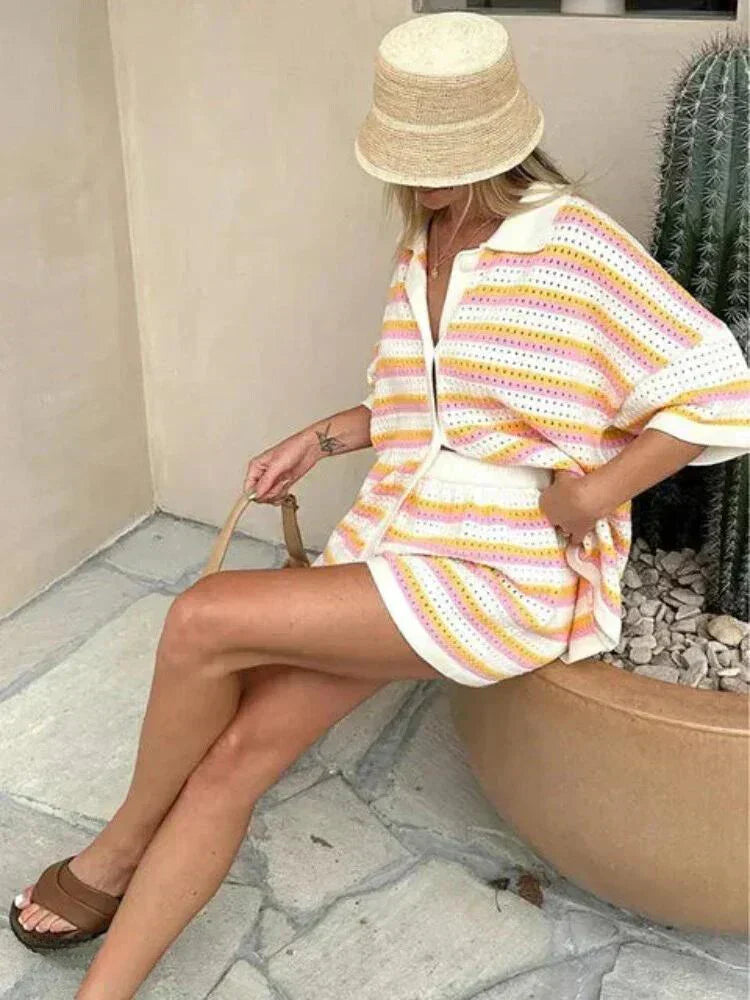 Ladies' striped summer trousers with top and shorts – Faye